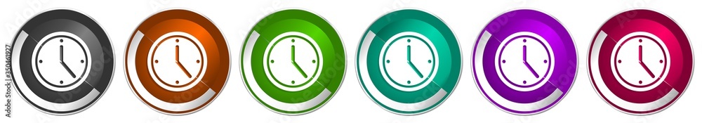 Poster Time icon set, silver metallic chrome border vector web buttons in 6 colors options for webdesign
