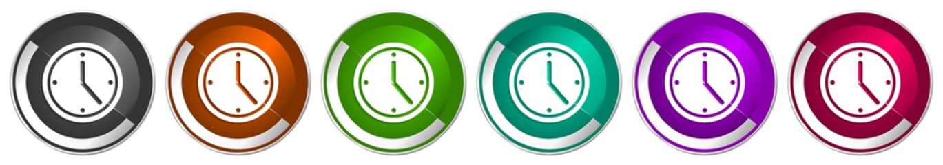 Time icon set, silver metallic chrome border vector web buttons in 6 colors options for webdesign
