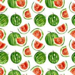 Watercolor pattern of watermelon. Hand-drawn illustration isolated on white background. Juicy and bright ornament of slices fruits.