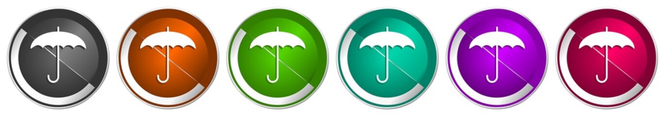 Umbrella icon set, silver metallic chrome border vector web buttons in 6 colors options for webdesign