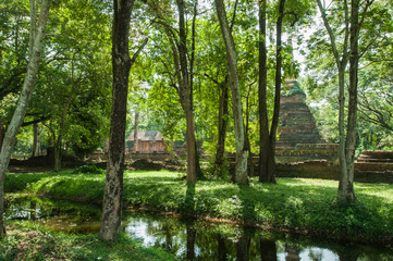 Old city of worship place landmarks, history park of Si-Satchanalai, Sukhothai province, Thailand.