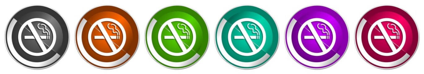 No smoking icon set, silver metallic chrome border vector web buttons in 6 colors options for webdesign