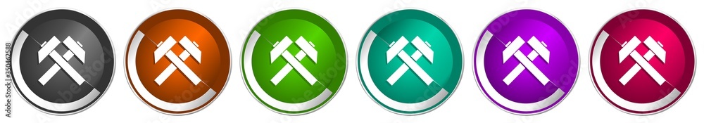 Fototapete mining icon set, silver metallic chrome border vector web buttons in 6 colors options for webdesign