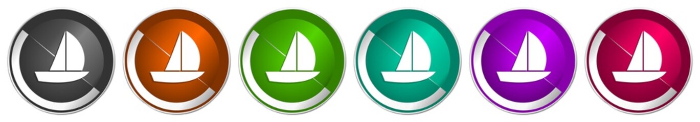 Yacht icon set, silver metallic chrome border vector web buttons in 6 colors options for webdesign