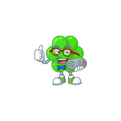Cartoon mascot design of staphylococcus aureus play a game with controller
