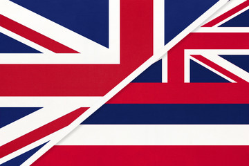 United Kingdom and Hawaii national flag from textile. Relationship between two European and American countries.