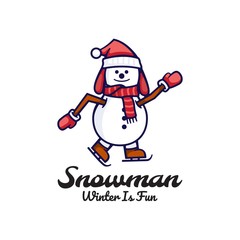 Vector Logo Illustration Snowman Cute Cartoon Style.