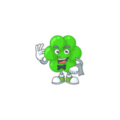 A cartoon image of staphylococcus aureus as a waiter character ready to serve