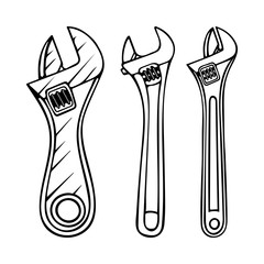 Adjustable wrench hand drawing vector illustrations.  Water pump pliers sketch drawings set.