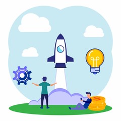 Vector illustration of character for 2 business people thinking of an idea. setting up a start-up business project. Career appearance to success, flat color icons, business analysis.