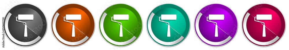 Poster Roll painter, roller icon set, silver metallic chrome border vector web buttons in 6 colors options for webdesign