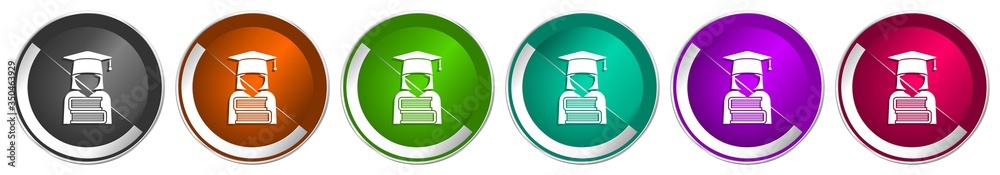 Poster Student icon set, books education, knowledge silver metallic chrome border vector web buttons in 6 colors options for webdesign