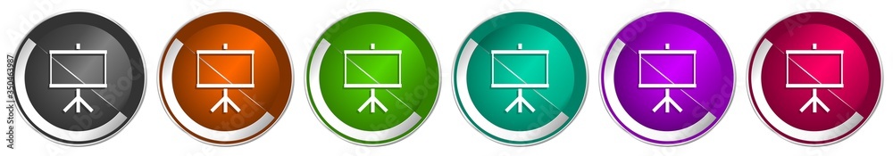 Poster Board icon set, school, education, presentation silver metallic chrome border vector web buttons in 6 colors options for webdesign