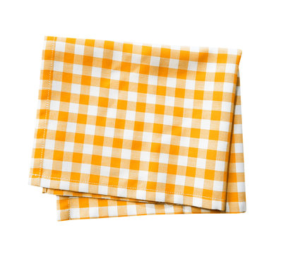 Yellow checkered folded cloth isolated,kitchen picnic towel.