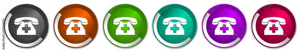 Poster Emergency call icon set, phone silver metallic chrome border vector web buttons in 6 colors options for webdesign