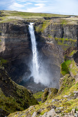 View of the landscape of the Haifoss waterfall in Iceland.