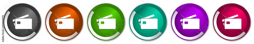 Aufkleber credit card icon set, bank, finance silver metallic chrome border vector web buttons in 6 colors opt