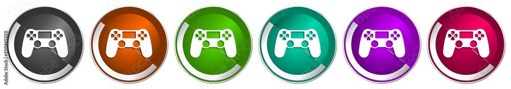 Aufkleber Wireless gaming controller icon set, gamepad silver metallic chrome border vector web buttons in 6 colors options for webdesign