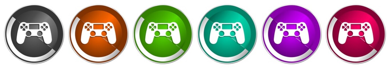 Wireless gaming controller icon set, gamepad silver metallic chrome border vector web buttons in 6 colors options for webdesign