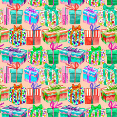 Gift boxes, watercolors.Seamless pattern.Fabric design, packaging paper.Birthday, new year's holiday, gifts.