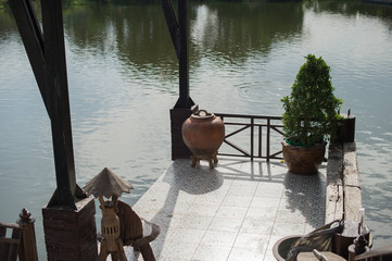 closeup of terrace and pond