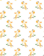 seamless vector pattern with australian cockatoo that sits on a branch. Funny bright parrot, for printing on t-shirts, packaging, paper, posters. Cute character bird in a flat style. Isolated white