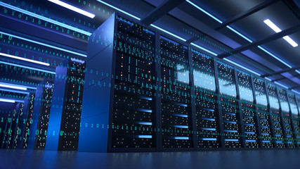 Working Data Center Full of Rack Servers and Supercomputers, Modern Telecommunications, Artificial Intelligence, Supercomputer Technology Concept.3d rendering,conceptual image.