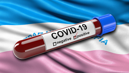 Brazilian state flag of Espirito Santo waving in the wind with a positive Covid-19 blood test tube. 3D illustration concept for blood testing for diagnosis of the new Corona virus.