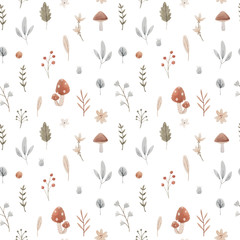 Beautiful seamless pattern with cute hand drawn forest paintings. Stock baby illustration.