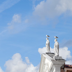 Picturesque composition with seagulls over the pediment of an old building, Venice, Italy