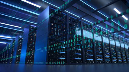 Working Data Center Full of Rack Servers and Supercomputers, Modern Telecommunications, Artificial Intelligence, Supercomputer Technology Concept.3d rendering,conceptual image.