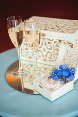 wedding ceremony decoration, beautiful wedding decor, flowers. two glasses with champagne