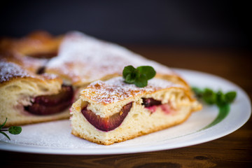 sweet baked homemade plum cake with icing sugar