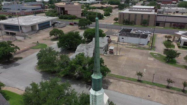 Orbiting a church steeple, First United Methodist Church, Bryan, Texas, USA