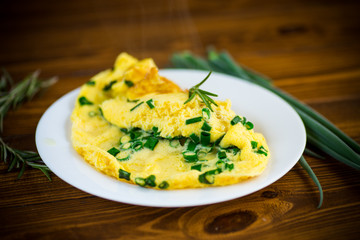 hot fried omelet with chopped green onions in a plate