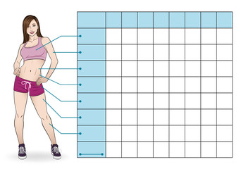 Girl in sportswear. Table of measurements of body parameters for tracking sports and dietary effects. Table for entries: week, chest, arm, waist, waist to hips, hips, thigh, calf, weight.
