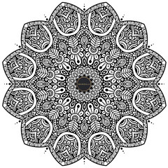 Mandala, tracery round boho doodle. Ethnic ornament, sketched symmetry. Folk, meditation design. Curved shape, isolated on white. Black and white art. Vector