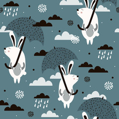 Seamless pattern, rabbits with umbrellas, hand drawn overlapping backdrop. Colorful background vector. Illustration with animals, sky. Decorative wallpaper, good for printing - 350469554