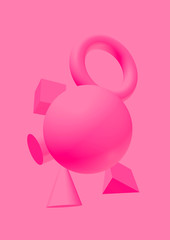 ピンク色の背景に浮かぶ複数の3D図形
