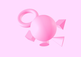 ピンク色の背景に浮かぶ複数の3D図形