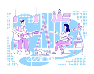 Creative hobbies flat silhouette vector illustration. Man and woman stay at home together. Weekend family activities. Couple outline characters on blue background. Recreation simple style drawing
