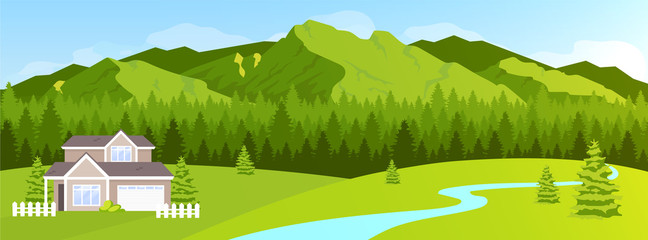 Maison en montagne illustration vectorielle de couleur plate. Colline verdoyante et sapins de conifères. Paysage de nature rurale. Paysage paisible de dessin animé 2D avec forêt et pavillon de village en arrière-plan