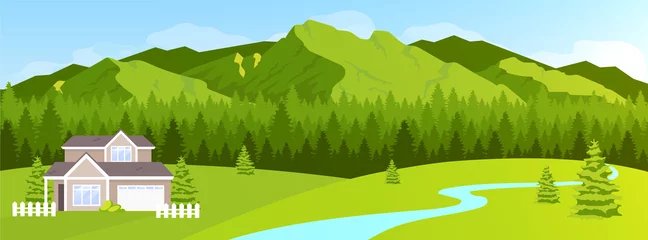 Tuinposter House in mountains flat color vector illustration. Green hill and coniferous forest fir trees. Rural nature scenery. 2D cartoon peaceful landscape with woodland and village lodge on background © The img