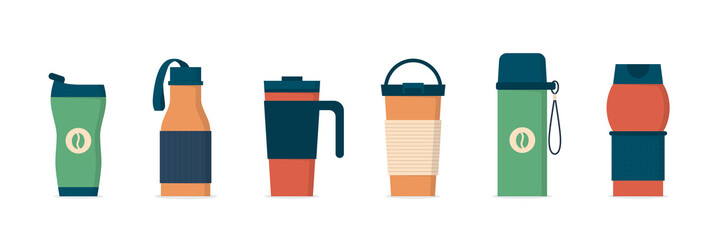 Tumblers with cover, travel thermo mugs, reusable cups for hot drinks. Different designs of thermos for take away coffee. Set of isolated vector illustrations in flat style on white background