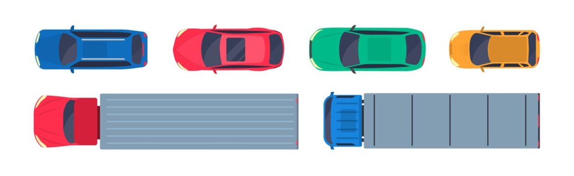 Top view cars flat icon set. Trucks, lorry and automobiles isolated vector illustration collection. Transportation and vehicles concept