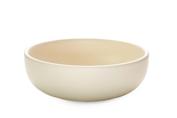 Beige ceramic bowl isolated on white background.