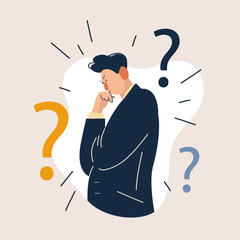 Thinking businessman with question marks. Flat cartoon style vector illustration.