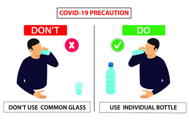 Do and don't poster of covid 19 corona virus. Safety instruction for office employees and staff. Don't use common glass and use individual water bottle. Vector illustration of covid-19 awareness.