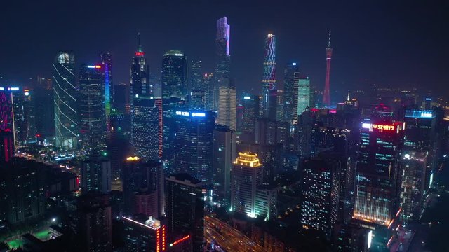 night time illumination guangzhou cityscape famous modern downtown aerial panorama 4k china