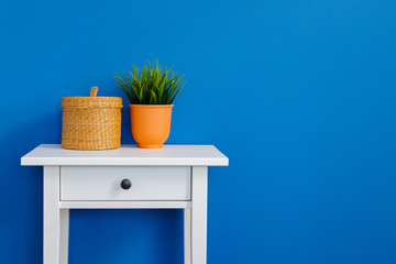 Grass plant in pot on a white table against blue wall